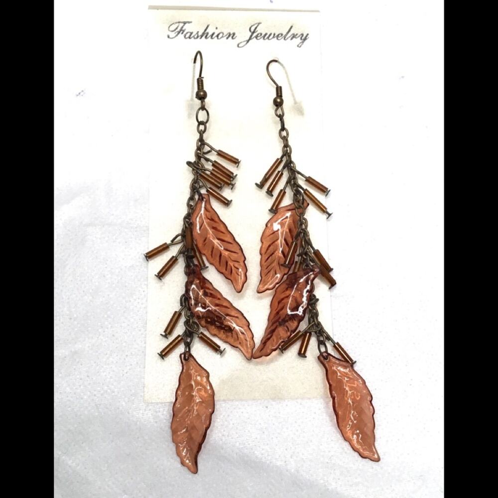 💎Vintage Earrings Dangle Drop Translucent Brown Lucite Feather And Chain